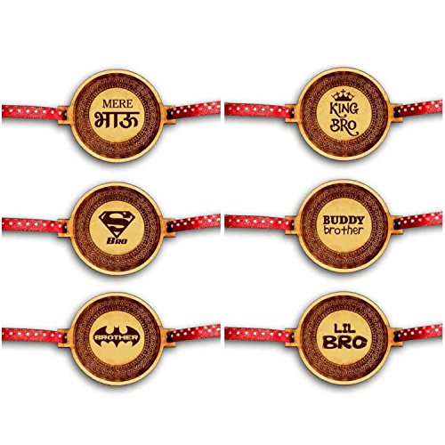 Engraved Wooden Rakhi for Brothers, Quote Pack of 6