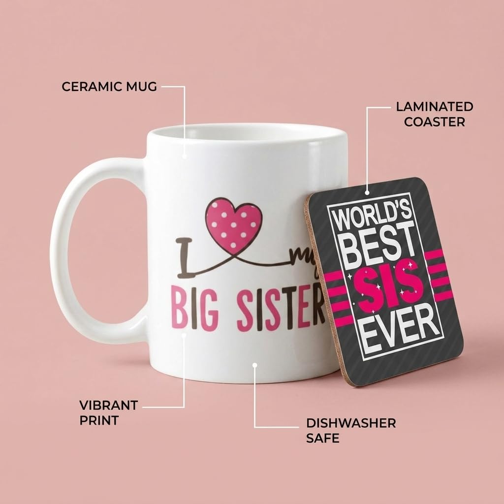 TheYayaCafe Rakhi Gifts for Sister Ceramic Mug and Coaster Combo I Love My Big Sister 11oz (330ml), Bhabhi, Didi from Brother