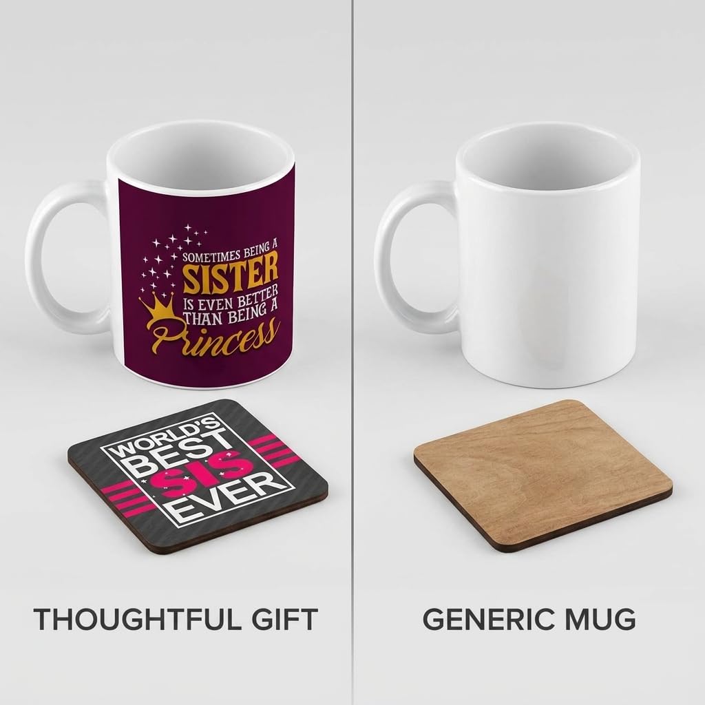 TheYayaCafe Rakhi Gifts for Naughty Lil Sister Ceramic Mug and Coaster Combo (11oz, 330ml), Raksha Bandhan Birthday Bhai Dooj Gift for Sister