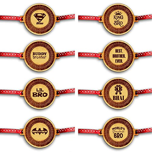 Engraved Wooden Rakhi Combo Pack of 8 with Quotes for Brother