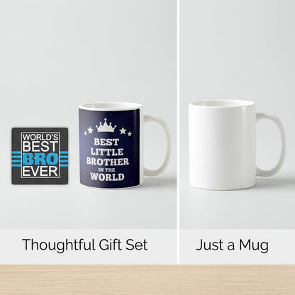 TheYayaCafe Best Little Brother in the World Quote Printed Ceramic Coffee Mug 330 ml (11 oz) with Coaster, Birthday Rakhi Bhai Dooj Gift for Brother, Bro, Bhai from Sister