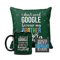 Google Brother Combo of 4 - Mug, Coaster, Cushion Cover & Rakhi