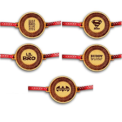 TheYaYaCafe Rakhi for Brother Set of 5 Engraved Wooden Rakhi, Raksha Bandhan Gift for Bhai, Brother, Bro from Sister, Kids, Men, 1.5 Inch MDF Wood Dial