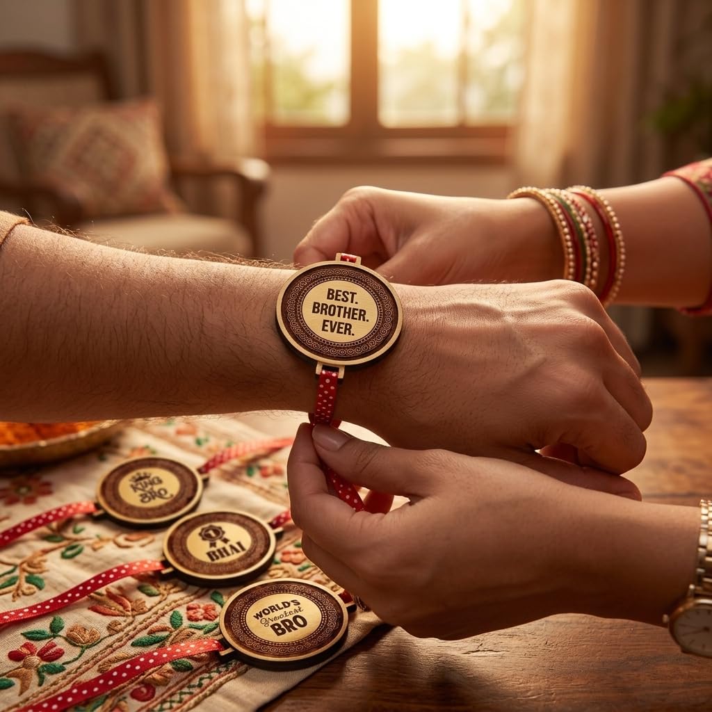 TheYaYaCafe Rakhi for Brother Set of 4 Engraved Wooden Rakhi with MDF Dial 1.5 Inches, Raksha Bandhan Gift for Bhai, Brother, Bro from Sister, Didi, Behen
