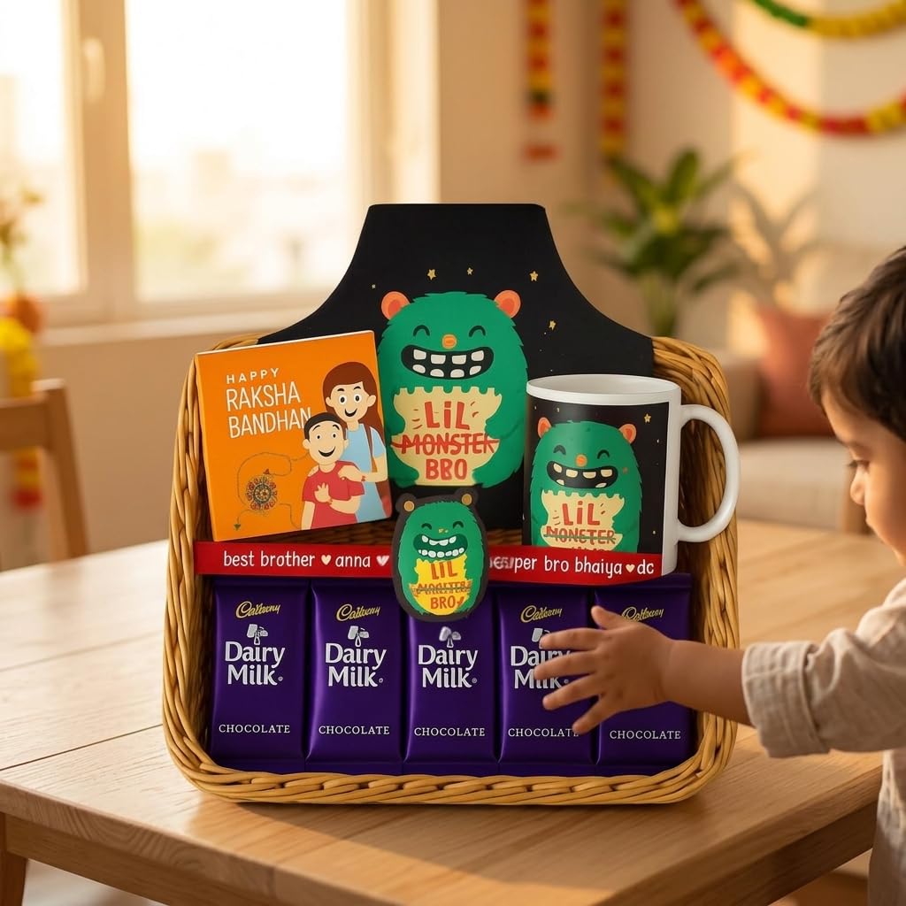 TheYayaCafe Lil Monster Kids Rakhi Gift Hamper with Apron, Mug, Rakhi and 5 Chocolates, Toddler and Kid from Sister