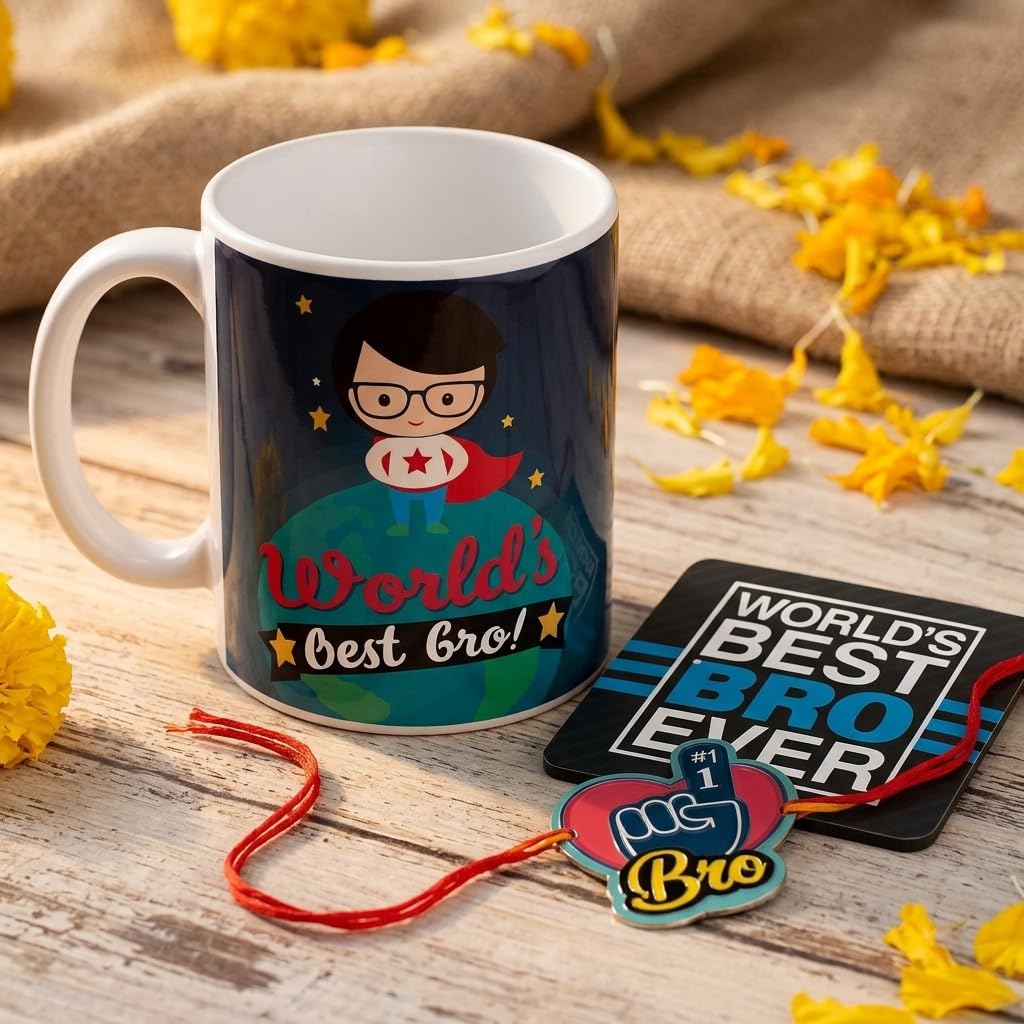 TheYayaCafe Raksha Bandhan Gift for Brother, Ceramic Mug Coaster and Rakhi Combo Set of 3, 330ml, Rakhi Gifts for Bhai, Bhaidooj, Birthday, Anniversary Present for Brother from Sister