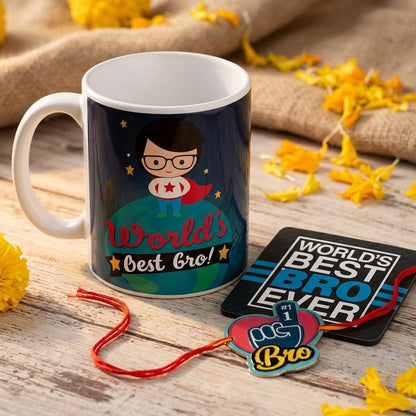 TheYayaCafe Raksha Bandhan Gift for Brother, Ceramic Mug Coaster and Rakhi Combo Set of 3, 330ml, Rakhi Gifts for Bhai, Bhaidooj, Birthday, Anniversary Present for Brother from Sister