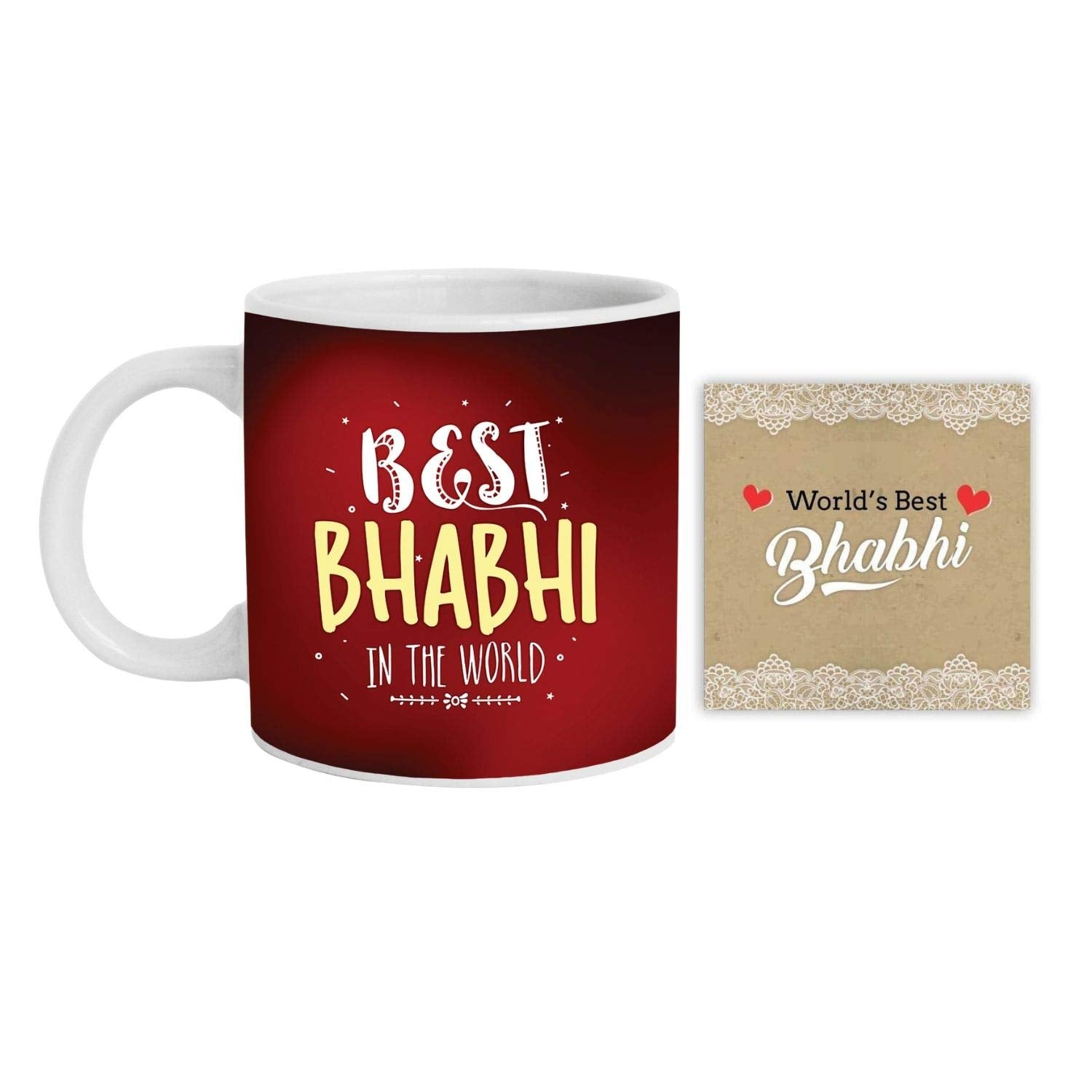 Yaya Cafe Rakhi Sweets Gift Combo for Bhabhi, Best Bhabhi in The World Hamper Set of 4 - Mug, Coaster, MEWA Bites - 400 gm, Printed Rakhi (No.1 Bhabhi - 2 in 1 Rakhi)