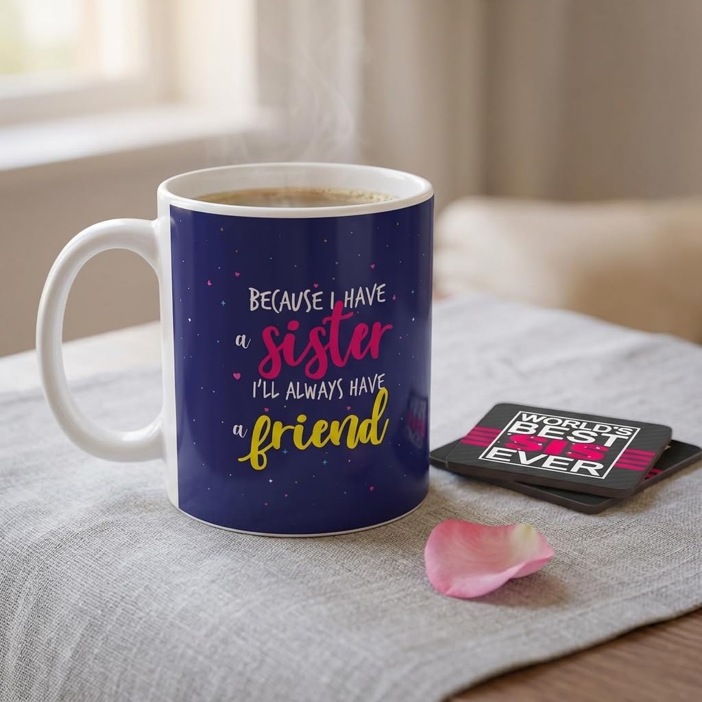 TheYayaCafe Ceramic Mug and Coaster Set Sister Always Print 330ml (11 oz), Raksha Bandhan Birthday Bhai Dooj Friendship Day Gift for Sister, Bhabhi, Didi from Brother
