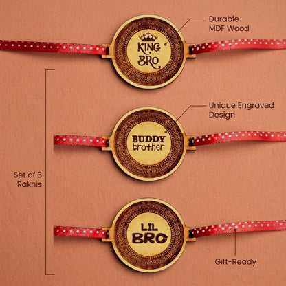 King Bro, Buddy Bro & Lil Bro Engraved Rakhi, Set of 3