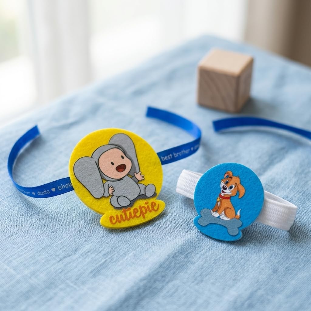 No.1 Bro & No.1 Bhabhi Family Rakhi with Kids Rakhi - Blue Ribbon Combo of 3
