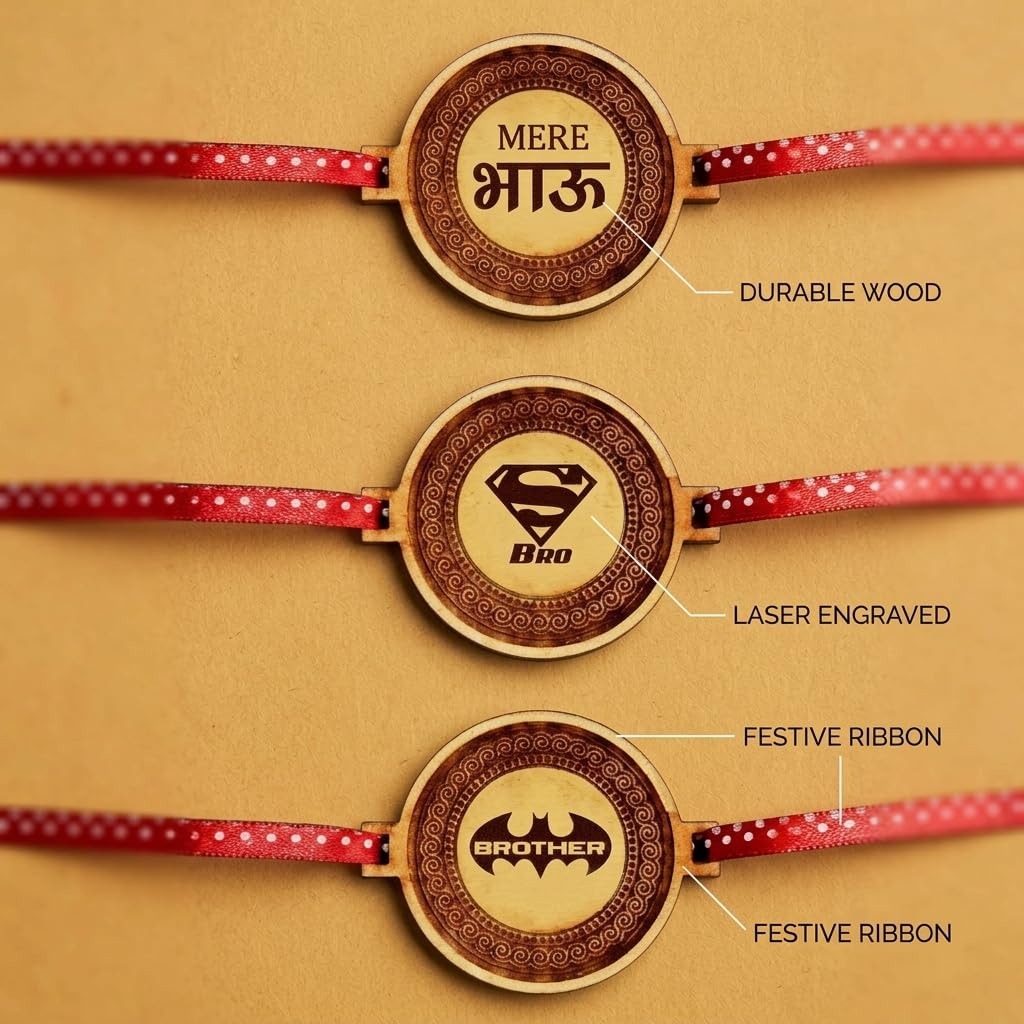 TheYayaCafe Rakhi for Brother Combo Set of 3 Wooden Rakhi with Engraved Quotes, Raksha Bandhan Gift for Bhai, Bhau, Brother from Sister