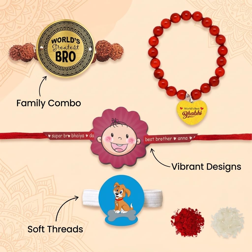 World Greatest Bro & Best Bhabhi Family Rakhi with Kids Rakhi - Combo of 3