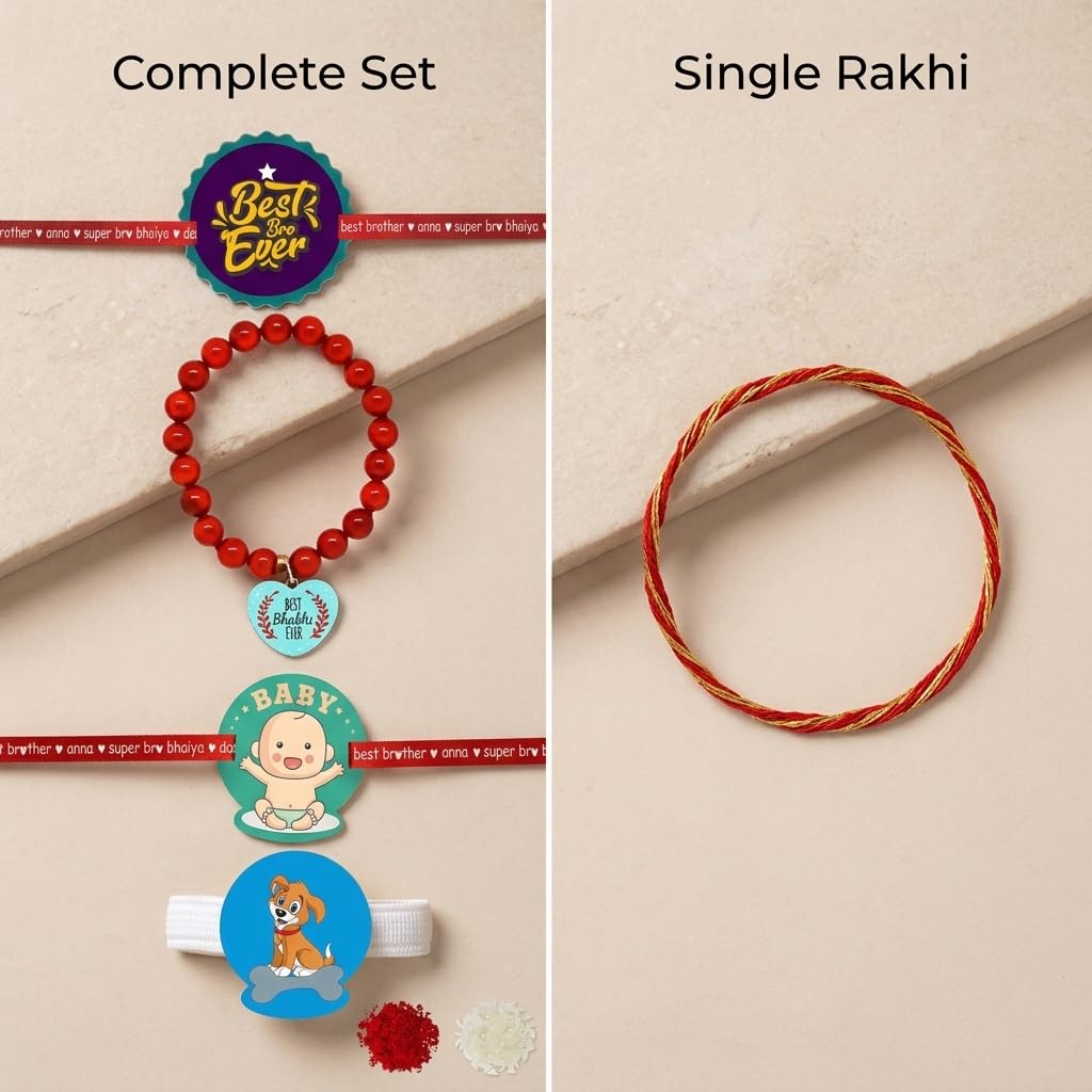 TheYayaCafe Rakhi Combo Set of 4 for Bhaiya, Bhabhi, Kids and Pet, Printed and Beads Rakhi with Roli Tika, Raksha Bandhan Gift for Brother, Sister-in-Law, Children and Pet Lovers