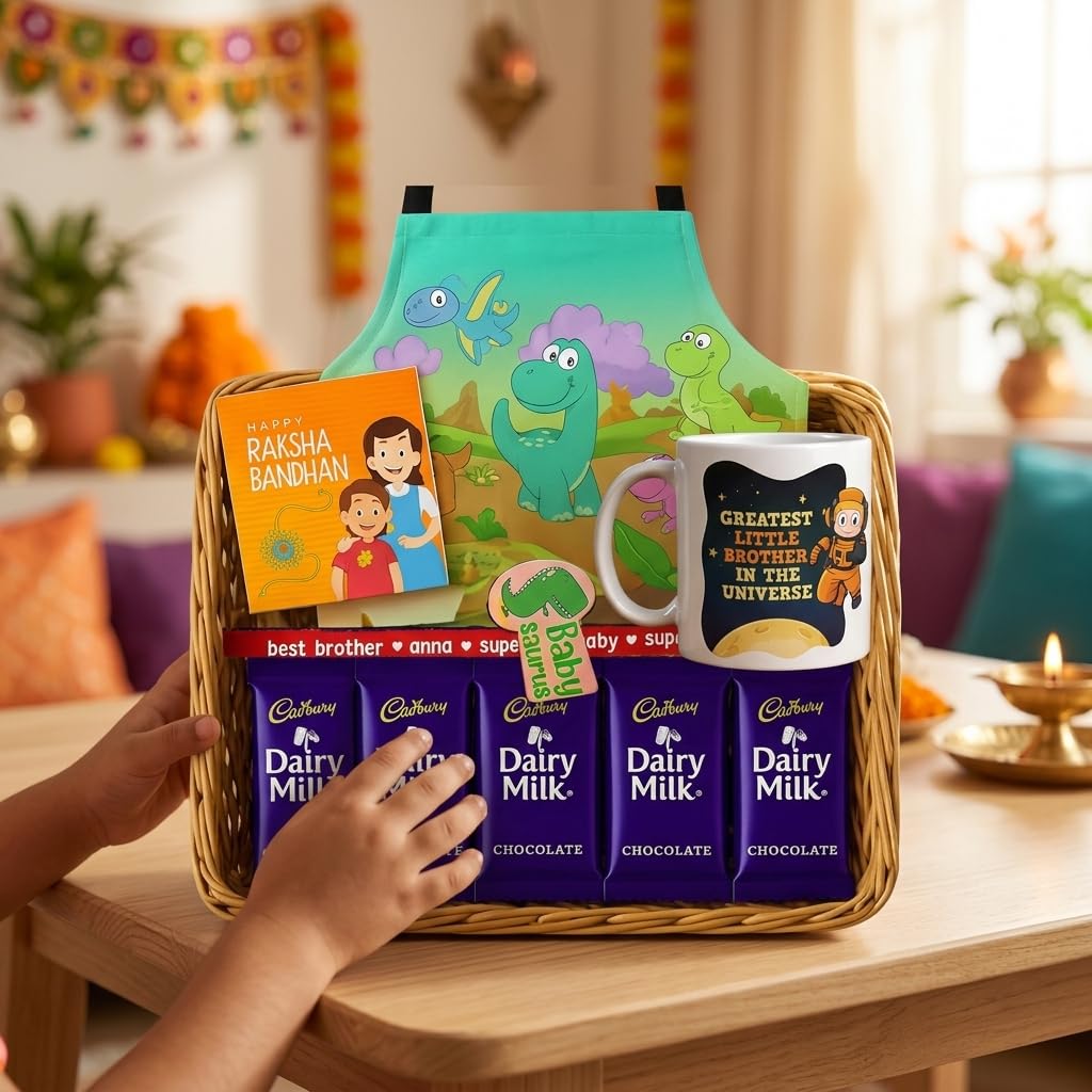 TheYayaCafe Baby Saurus Kids Rakhi Gift Hamper with Apron, Mug, Rakhi and 5 Chocolates, Raksha Bandhan Gift for Kid Brother, Toddler, Baby Boy from Sister