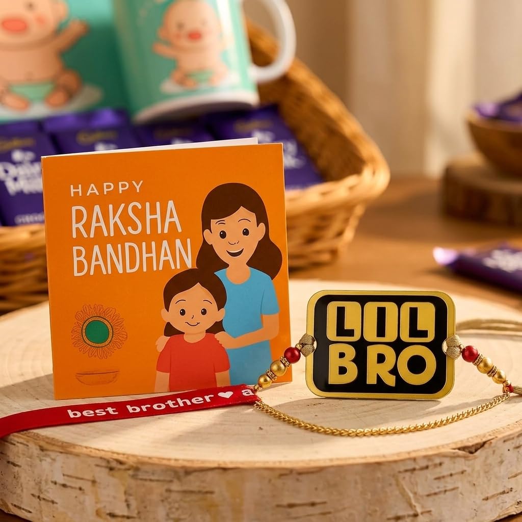 TheYayaCafe Lil Bro Kids Rakhi Gift Hamper with Apron, Ceramic Mug, 5 Chocolates and Roli Chawal, Raksha Bandhan Gift for Baby Brother, Toddler and Kid Brother