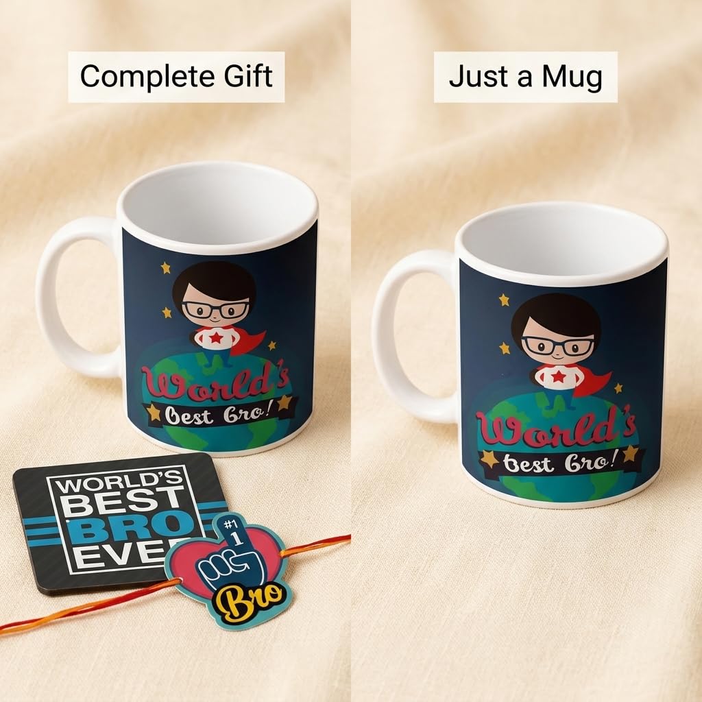 TheYayaCafe Raksha Bandhan Gift for Brother, Ceramic Mug Coaster and Rakhi Combo Set of 3, 330ml, Rakhi Gifts for Bhai, Bhaidooj, Birthday, Anniversary Present for Brother from Sister
