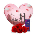 Heart Shape Cushion Gift Combo - 5 Red Roses, Dairy Milk Silk