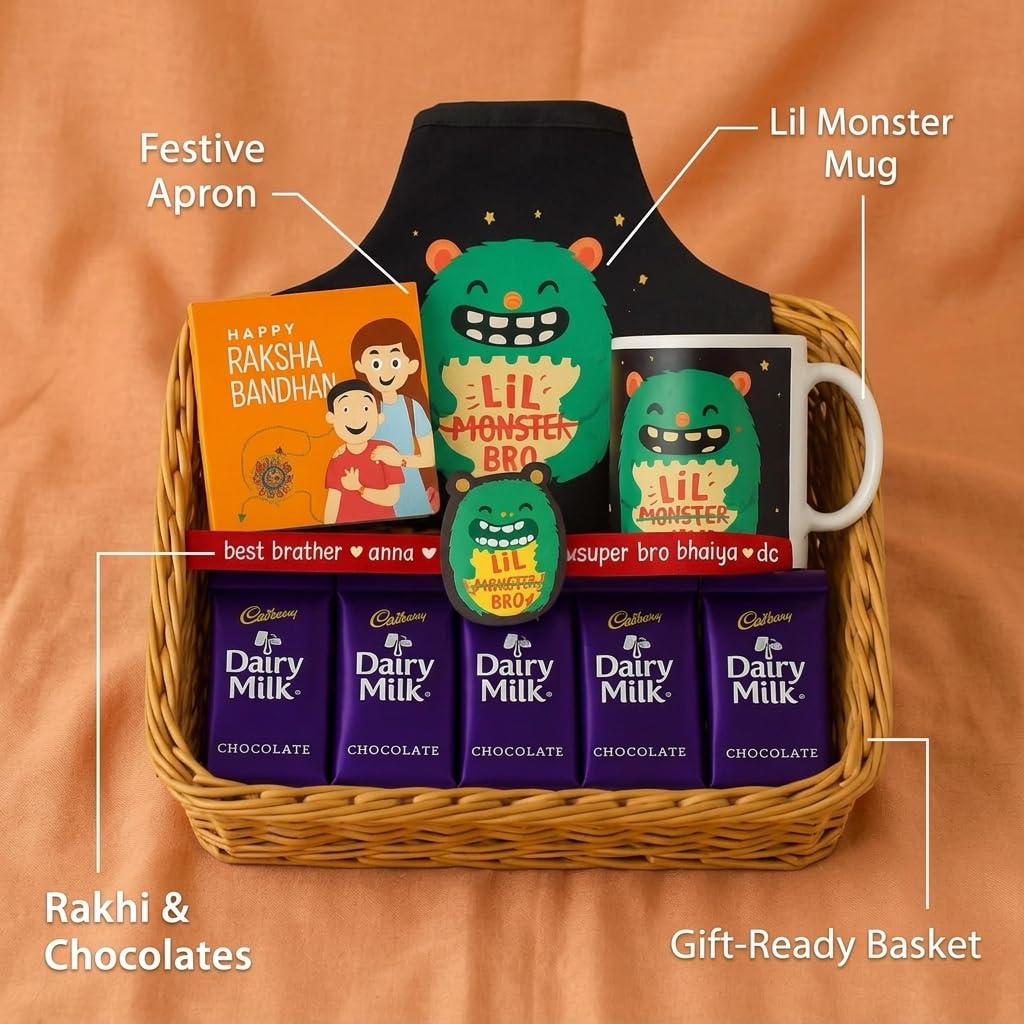 TheYayaCafe Lil Monster Kids Rakhi Gift Hamper with Apron, Mug, Rakhi and 5 Chocolates, Toddler and Kid from Sister