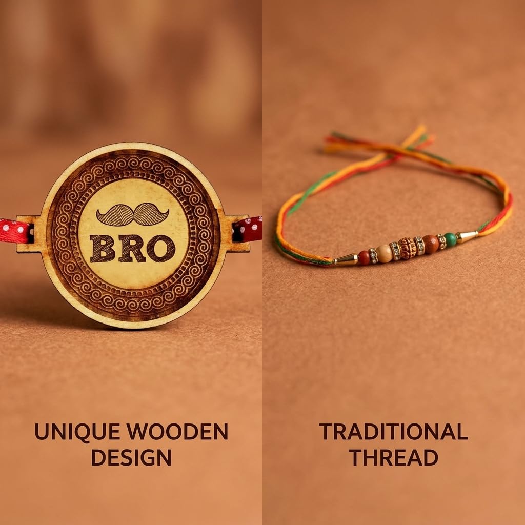 TheYayaCafe Wooden Moustache Rakhi for Brother with Roli Tika, Combo Set of 2 Engraved Rakhi for Raksha Bandhan, Bhai Dooj, Birthday Gift for Big Bro, Bhaiya, Bhaijaan from Sister
