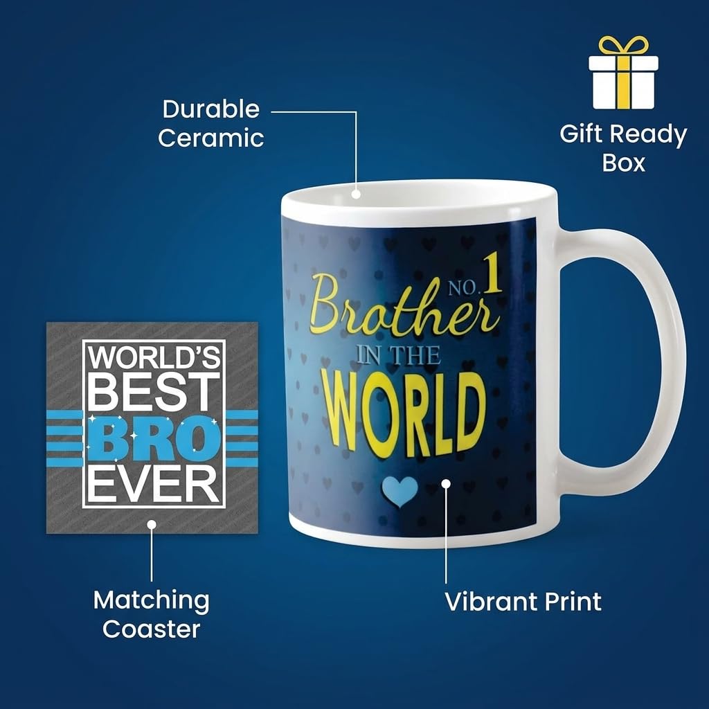 No 1 Brother in the World Mug & Coaster Set - Rakhi Gift, 330 ml