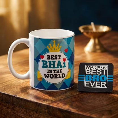 TheYayaCafe Rakshabandhan Gift for Brother, Bhai and Bhaiya, Ceramic Mug Coaster Rakhi Combo Set of 3, Printed Coffee Mug for Rakhi, Raksha Bandhan, Birthday, Bhai Dooj Gifts from Sister