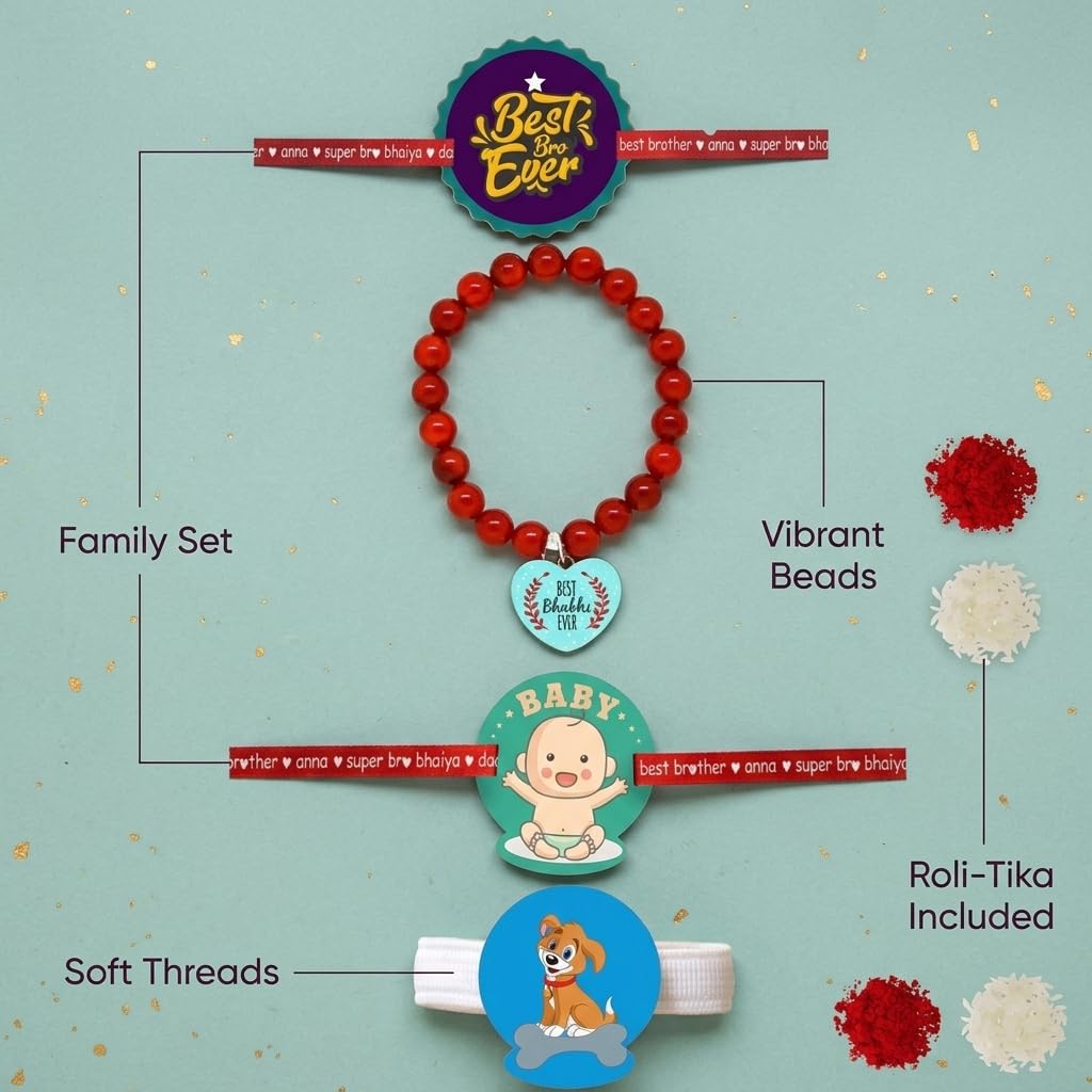 TheYayaCafe Rakhi Combo Set of 4 for Bhaiya, Bhabhi, Kids and Pet, Printed and Beads Rakhi with Roli Tika, Raksha Bandhan Gift for Brother, Sister-in-Law, Children and Pet Lovers