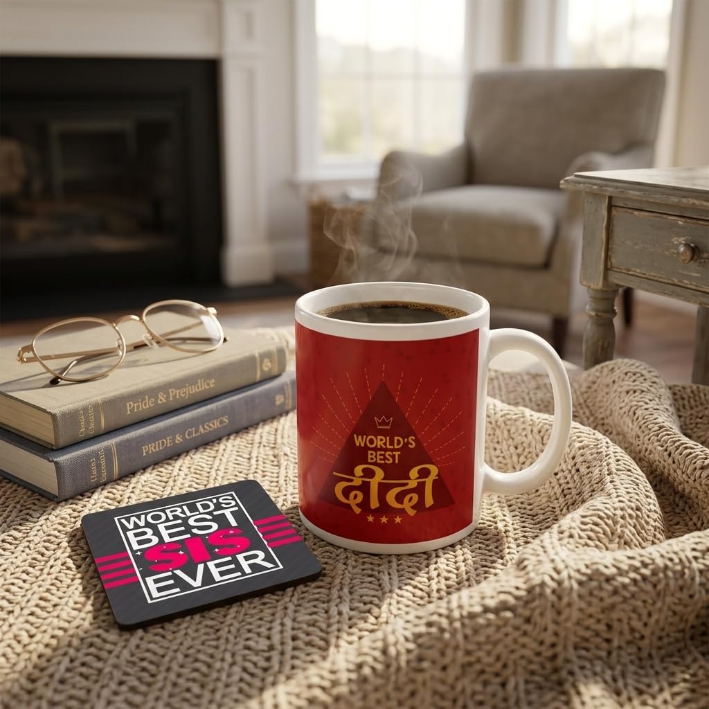 TheYayaCafe Rakhi Gifts for Sister Worlds Best Didi Ceramic Mug and Coaster Combo 330ml, Birthday Raksha Bandhan Bhai Dooj Gift for Sister, Bhabhi, Didi from Brother