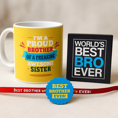 Rakhi Gift Combo for Brother - Proud Brother Mug, Coaster, Cushion & Rakhi