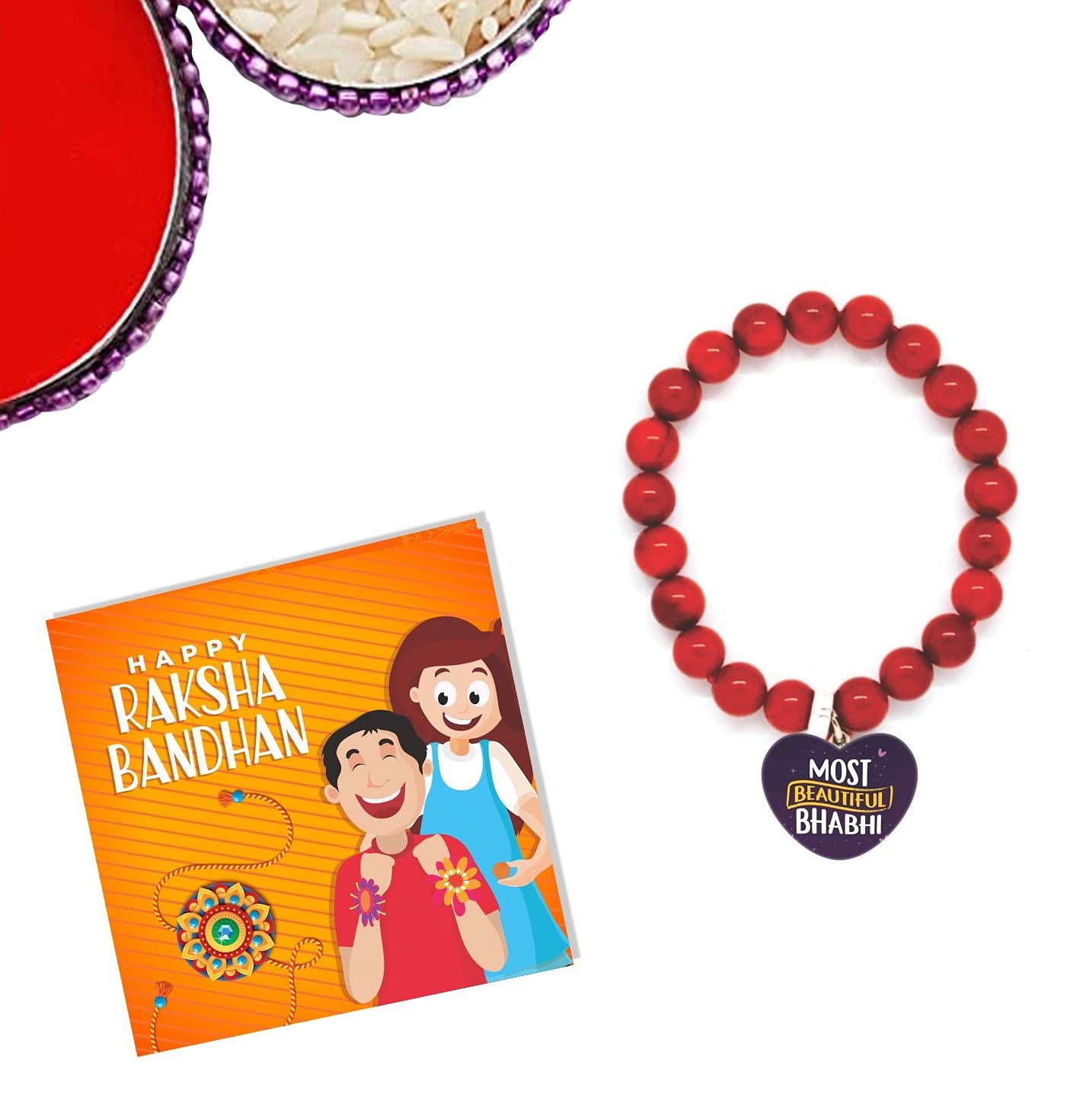TheYayaCafe Printed Lumba Rakhi Bracelet for Bhabhi Sister-in-law, Raksha Bandhan Gift with Roli Chawal Puja Pack, Adjustable Beaded Bracelet for Rakhi, Bhai Dooj, from Brother and Sister