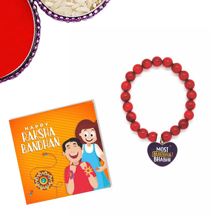 TheYayaCafe Printed Lumba Rakhi Bracelet for Bhabhi Sister-in-law, Raksha Bandhan Gift with Roli Chawal Puja Pack, Adjustable Beaded Bracelet for Rakhi, Bhai Dooj, from Brother and Sister