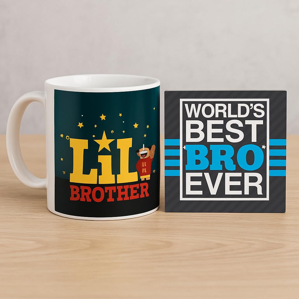 TheYayaCafe Rakhi Gift Combo for Brother Set of 3: Ceramic Mug 330ml, Acrylic Coaster 3.5x3.5 Inches & Rakhi, Rakshabandhan Gift for Bhai, Brother from Sister, Raksha Bandhan Birthday Bhaidooj