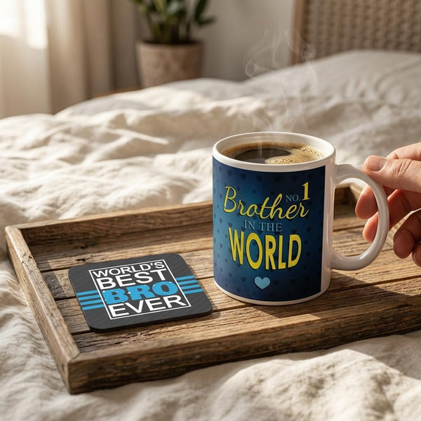 No 1 Brother in the World Mug & Coaster Set - Rakhi Gift, 330 ml