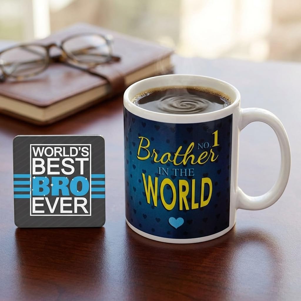 No 1 Brother in the World Mug & Coaster Set - Rakhi Gift, 330 ml
