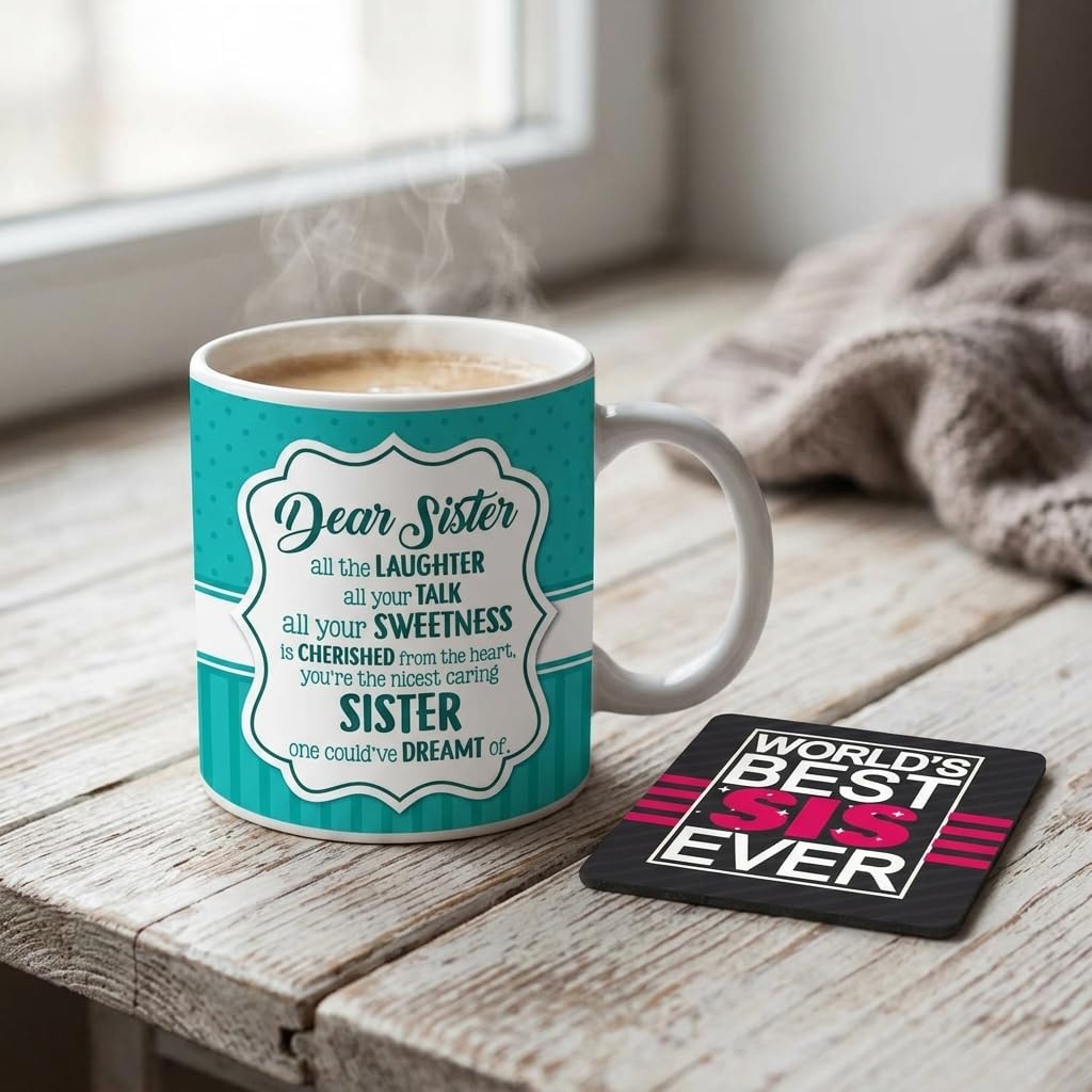 TheYaYaCafe Rakhi Gifts for Dear Sister Mug, Coaster Combo Birthday