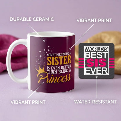 TheYayaCafe Rakhi Gifts for Naughty Lil Sister Ceramic Mug and Coaster Combo (11oz, 330ml), Raksha Bandhan Birthday Bhai Dooj Gift for Sister