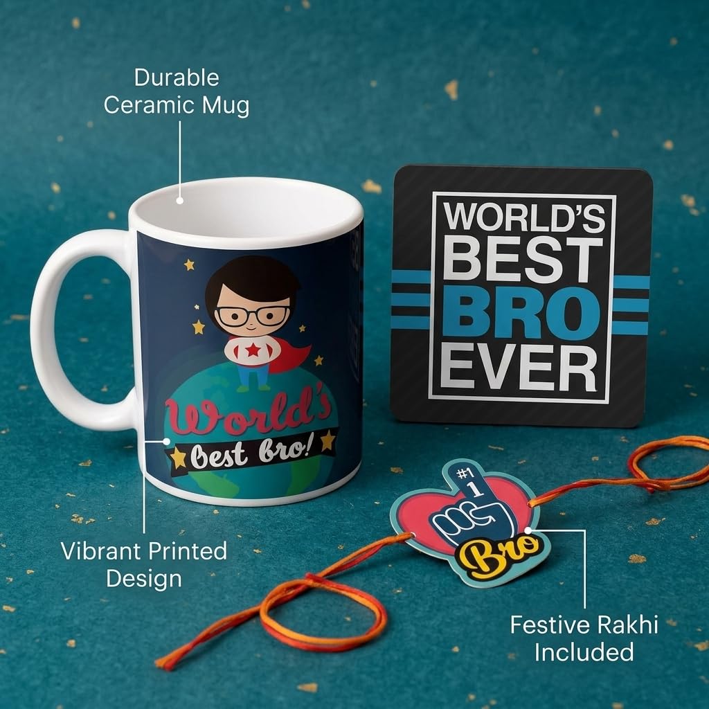 TheYayaCafe Raksha Bandhan Gift for Brother, Ceramic Mug Coaster and Rakhi Combo Set of 3, 330ml, Rakhi Gifts for Bhai, Bhaidooj, Birthday, Anniversary Present for Brother from Sister