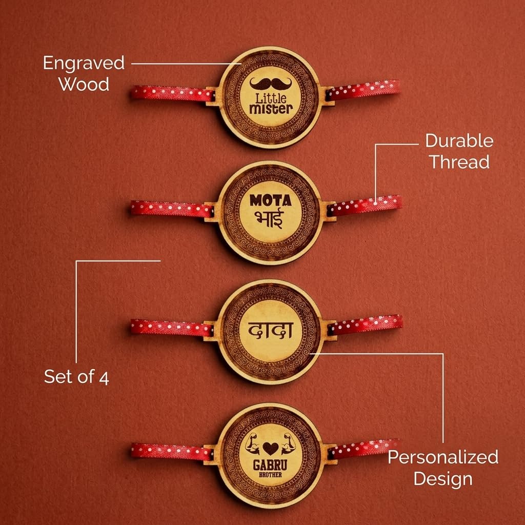 Engraved Rakhi for Brothers with Beautiful Quotes - Set of 4