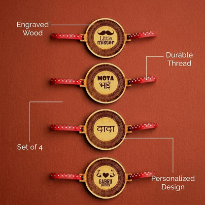 Engraved Rakhi for Brothers with Beautiful Quotes - Set of 4
