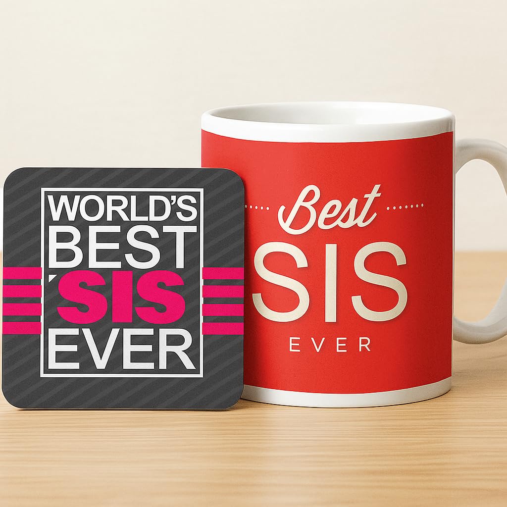 TheYayaCafe Rakhi Gift Hamper for Sister Best Sis Ever, Set of 6 with Mug Cup Coaster Magnet Scroll Cushion Cover, Raksha Bandhan Birthday Bhaidooj Gift for Sister from Brother and Family