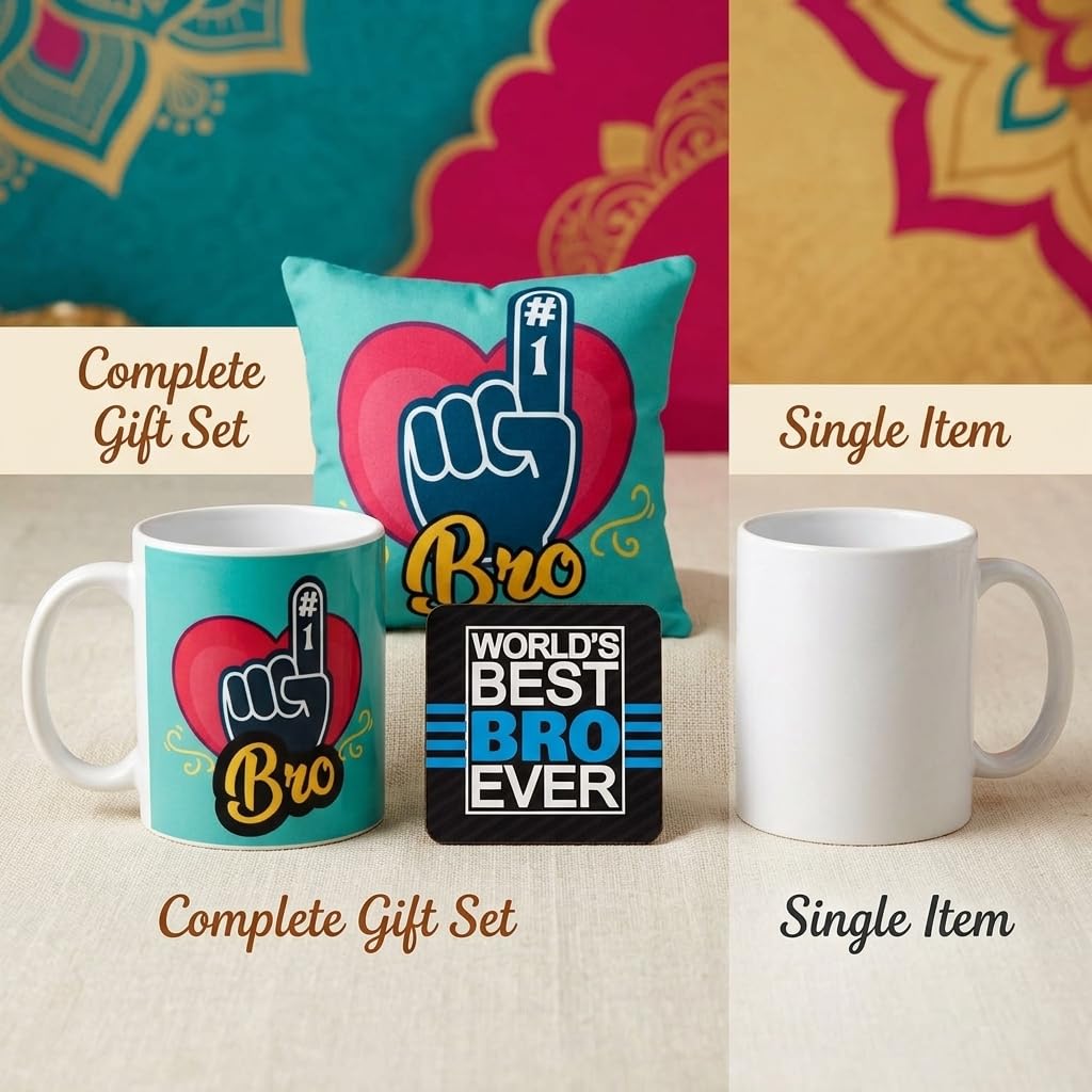 TheYayaCafe Raksha Bandhan Gift Combo for Brother Set of 4 (Mug, Coaster, Cushion Cover & Rakhi), Rakhi Gifts for Big and Younger Brother from Sister, Bhai Dooj Rakshabandhan Return Gift
