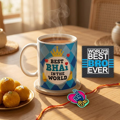 TheYayaCafe Rakshabandhan Gift for Brother, Bhai and Bhaiya, Ceramic Mug Coaster Rakhi Combo Set of 3, Printed Coffee Mug for Rakhi, Raksha Bandhan, Birthday, Bhai Dooj Gifts from Sister
