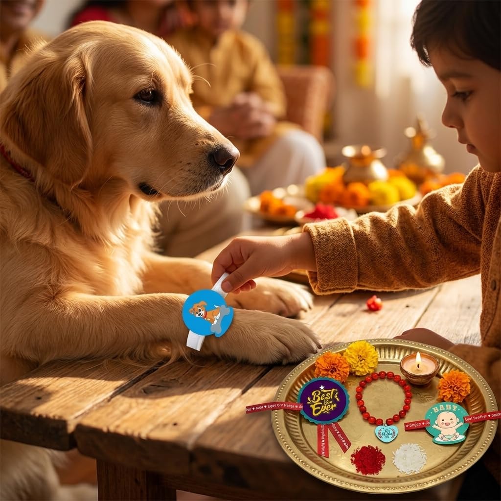 TheYayaCafe Rakhi Combo Set of 4 for Bhaiya, Bhabhi, Kids and Pet, Printed and Beads Rakhi with Roli Tika, Raksha Bandhan Gift for Brother, Sister-in-Law, Children and Pet Lovers