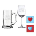 Couple Beer Mug & Wine Glasses Barware Set of 4 with Coasters