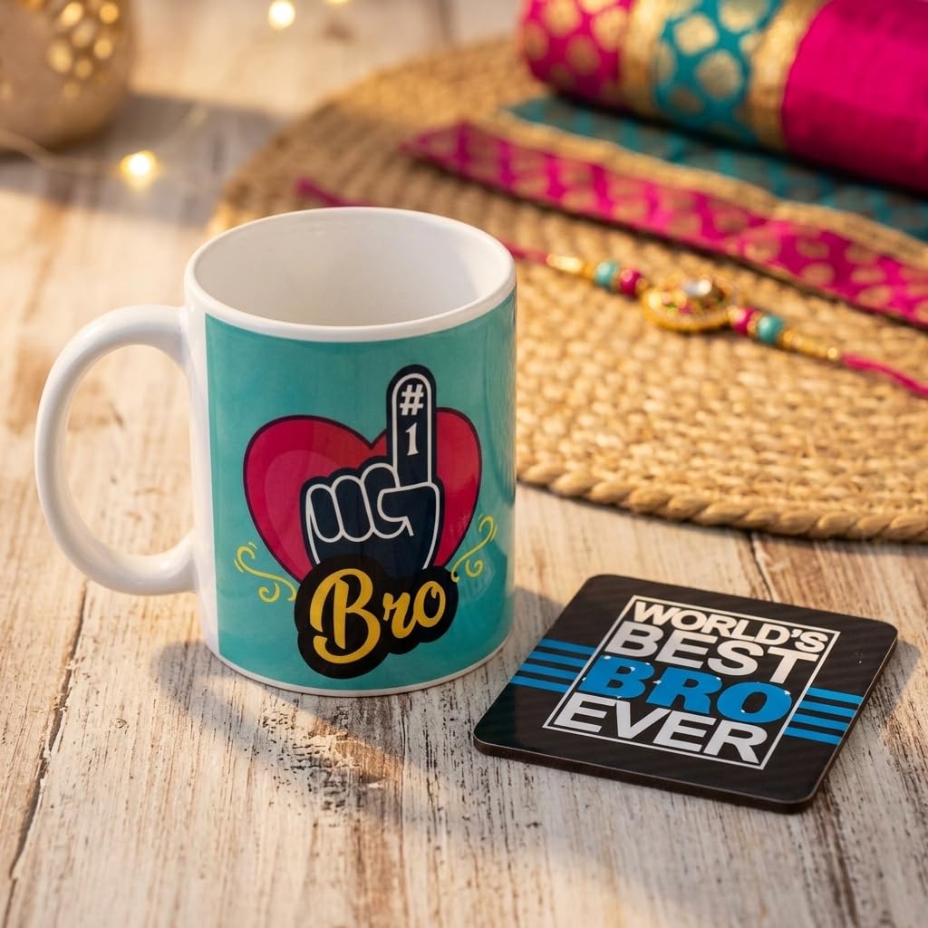 TheYayaCafe Raksha Bandhan Gift Combo for Brother Set of 4 (Mug, Coaster, Cushion Cover & Rakhi), Rakhi Gifts for Big and Younger Brother from Sister, Bhai Dooj Rakshabandhan Return Gift