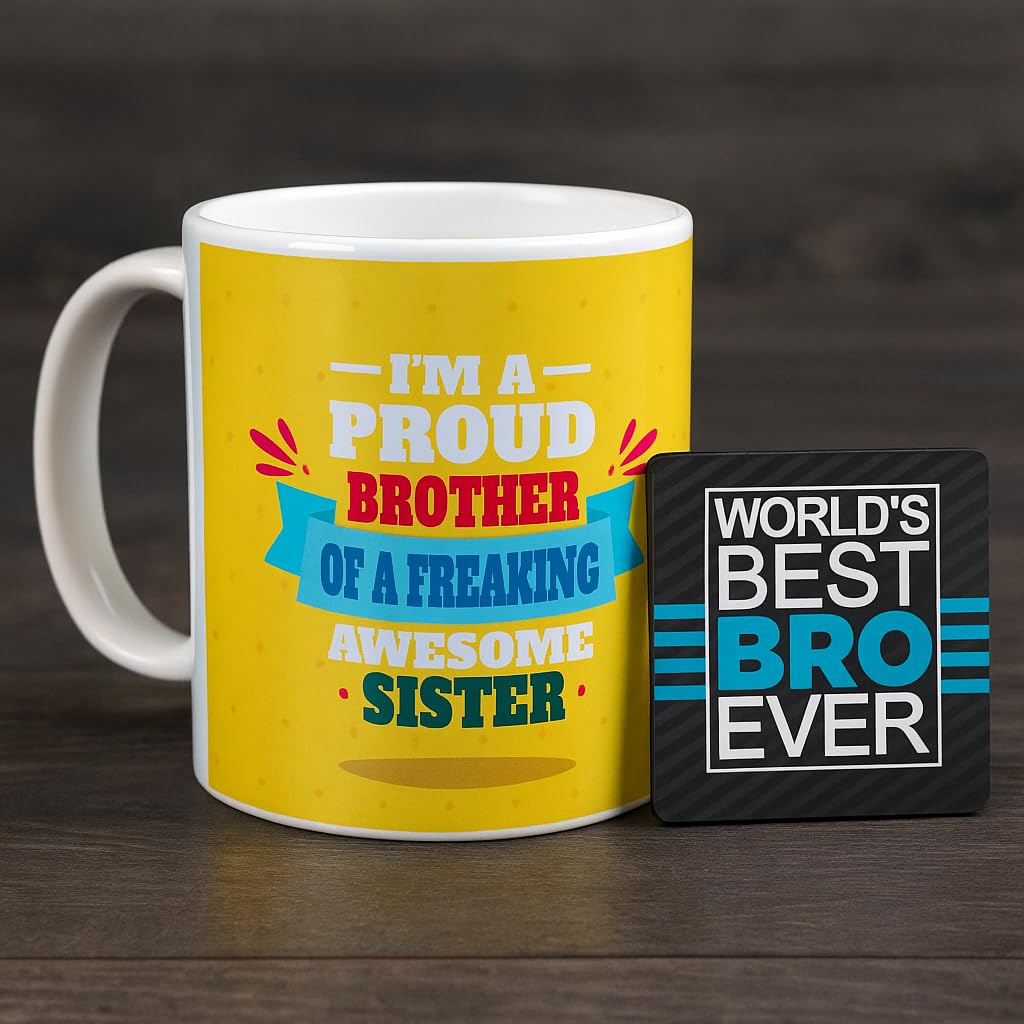 Rakhi Gift Combo for Brother - Proud Brother Mug, Coaster, Cushion & Rakhi