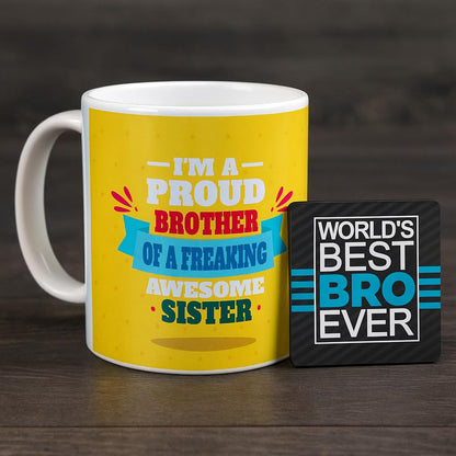 Rakhi Gift Combo for Brother - Proud Brother Mug, Coaster, Cushion & Rakhi