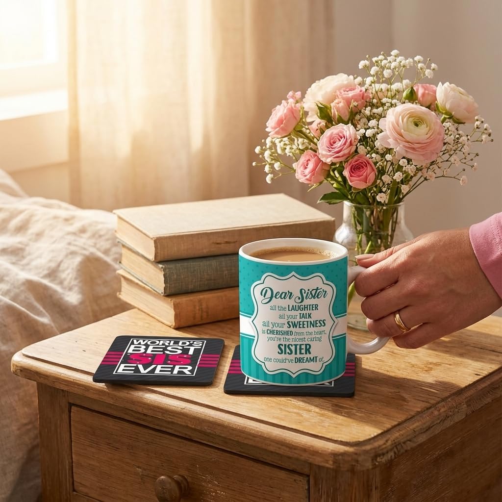 TheYaYaCafe Rakhi Gifts for Dear Sister Mug, Coaster Combo Birthday