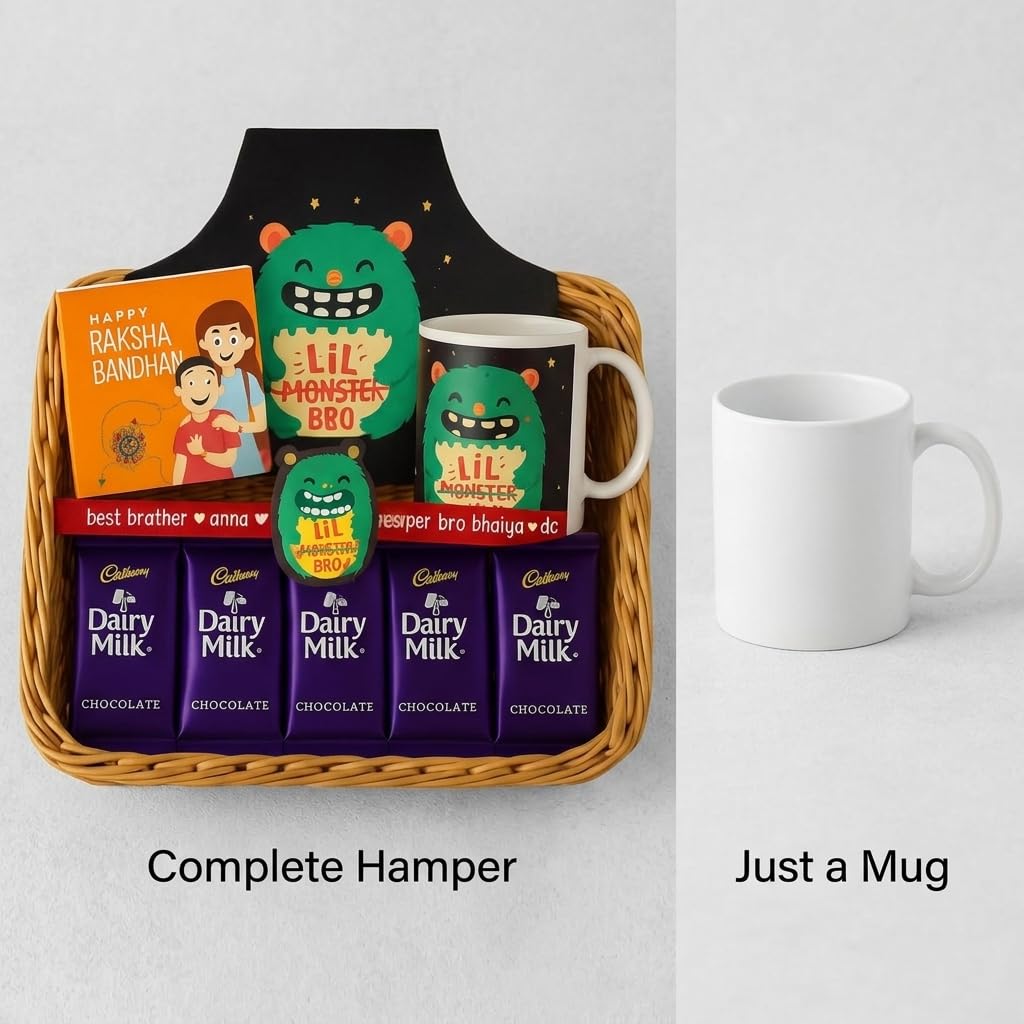 TheYayaCafe Lil Monster Kids Rakhi Gift Hamper with Apron, Mug, Rakhi and 5 Chocolates, Toddler and Kid from Sister