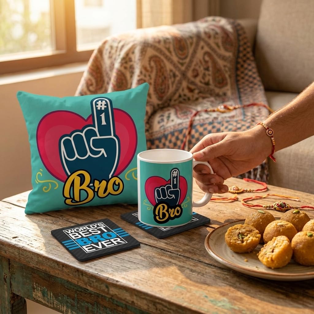 TheYayaCafe Raksha Bandhan Gift Combo for Brother Set of 4 (Mug, Coaster, Cushion Cover & Rakhi), Rakhi Gifts for Big and Younger Brother from Sister, Bhai Dooj Rakshabandhan Return Gift